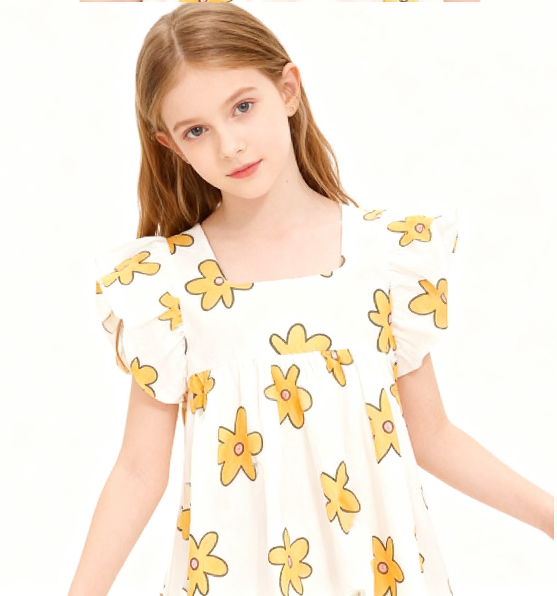  Белая хлопковая рубашка с цветочным принтом для девочки