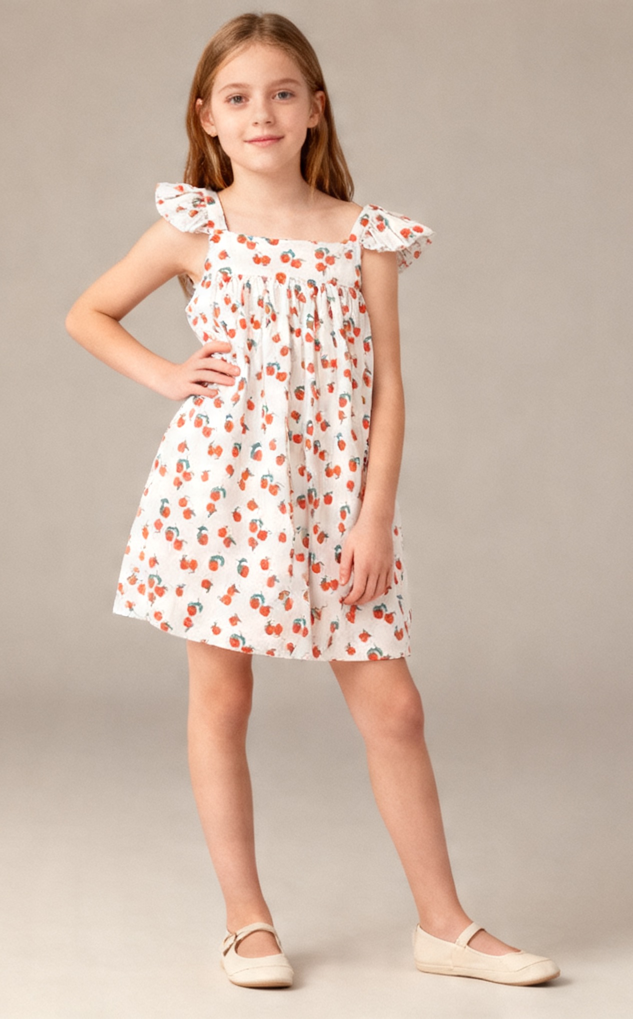 Белое летнее платье для девочки с фруктовым принтом