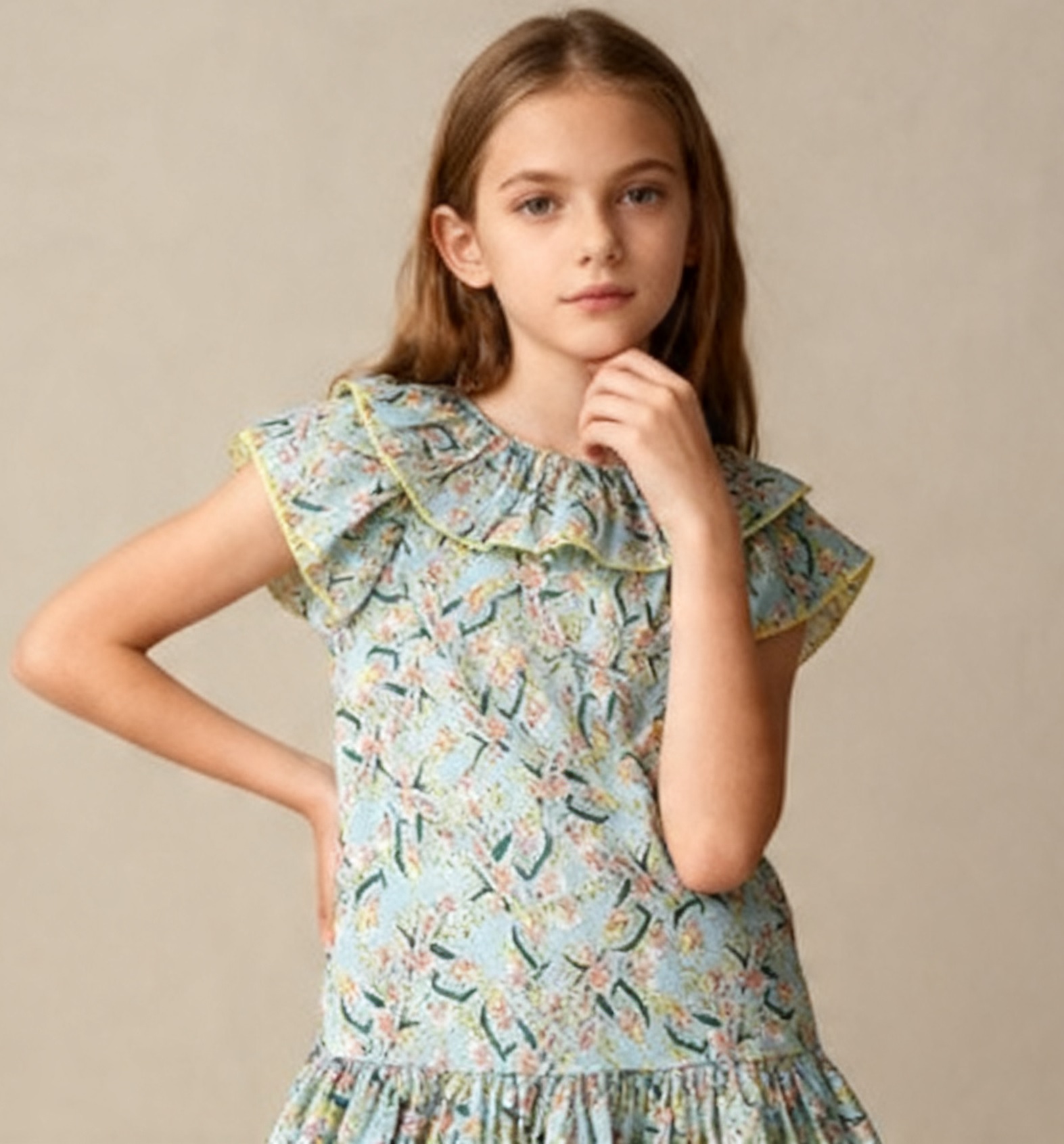 Детское синее платье в цветочек из натурального хлопка